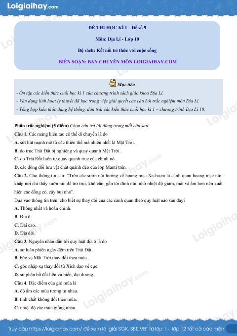 Đề thi học kì 1 Địa lí 10 - Đề số 9